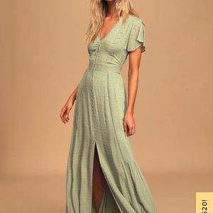 Lulus Completely In Love Sage Green Swiss Dot Button-Front Maxi Dress XS